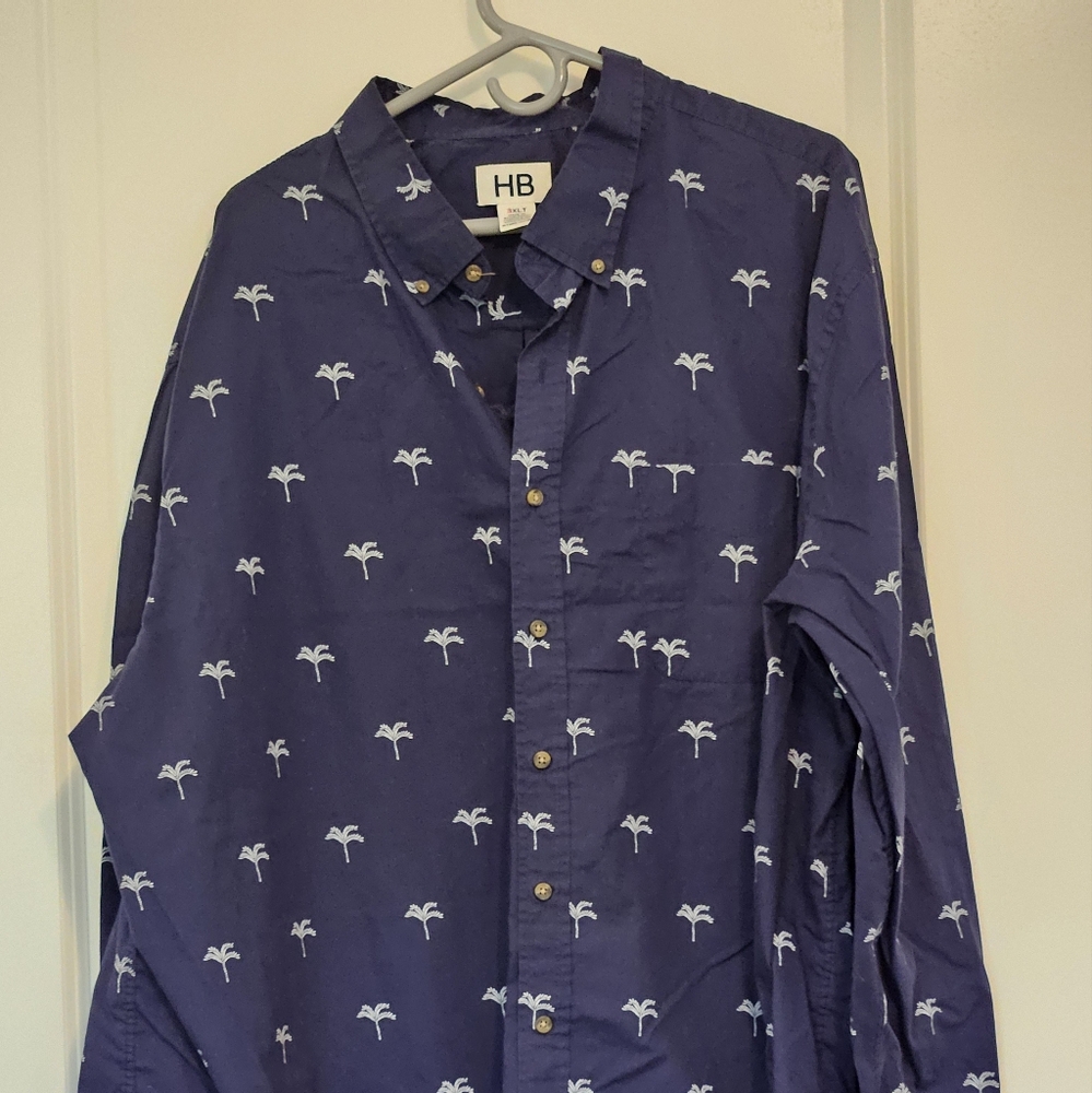 Navy Button-Up Shirt with Palm Tree Print